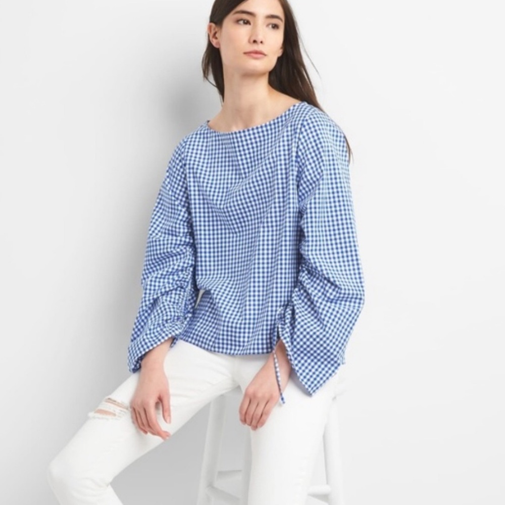 Gap Blue White Gingham Rusched Drawstring Top - image 3